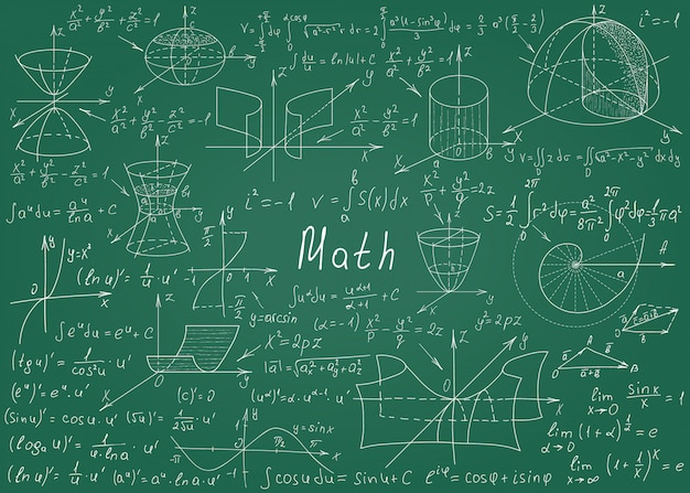 Mathematische Formeln Eigenhandig Gezeichnet Auf Eine Grune Tafel Fur Den Hintergrund Premium Vektor