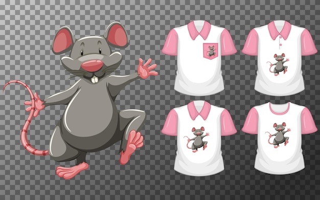Maus in standposition zeichentrickfigur mit vielen arten von hemden auf transparent