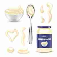 Kostenloser Vektor mayonnaise-sauce-set schüssel flaschenlöffel mit mayo-illustration krug mit blauer verpackung cremige dips und tropfen in unterschiedlicher form