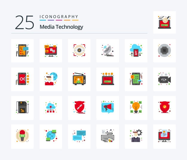 Media Technology 25 Flat Color Icon Pack einschließlich Cloud-Satellitenschüssel-Augen-Satellitenantenne