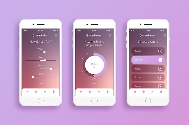 Meditation app bildschirme sammlung