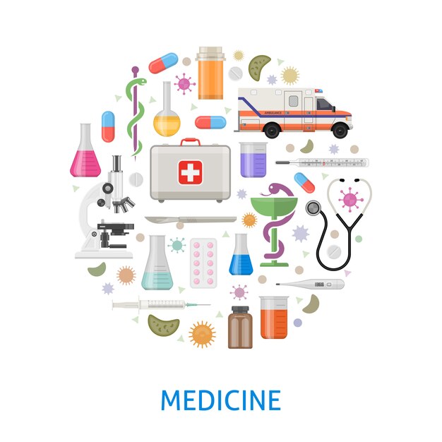 Medizin flaches rundes Design mit Ambulanzmikroskoppillen professionelle Instrumente Bakterien