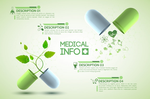 Medizininformationsplakat mit medikamenten- und apothekensymbolen realistische darstellung