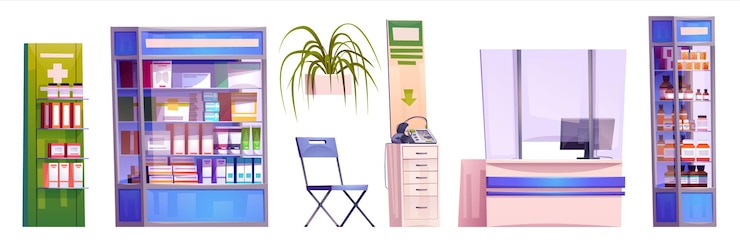 Kostenlose Vektor medizinische apotheke, theke, ladeninnenraum, vektorillustration, regale in der drogerie mit medikamenten, medikamenten und vitaminen. moderner gesundheitsklinik-service zum verkauf von medikamenten und kardiographen-geräten