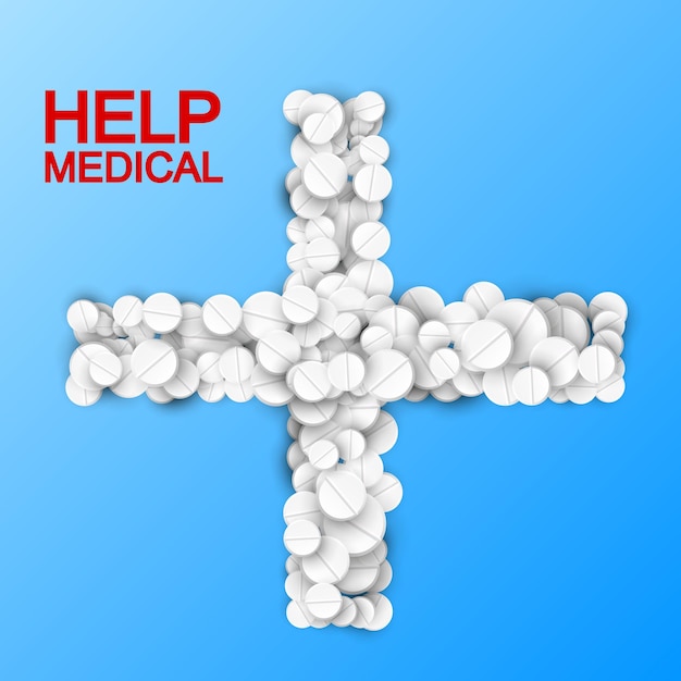 Medizinische Behandlung Lichtschablone mit weißen Drogen und Pillen in Kreuzform auf blau
