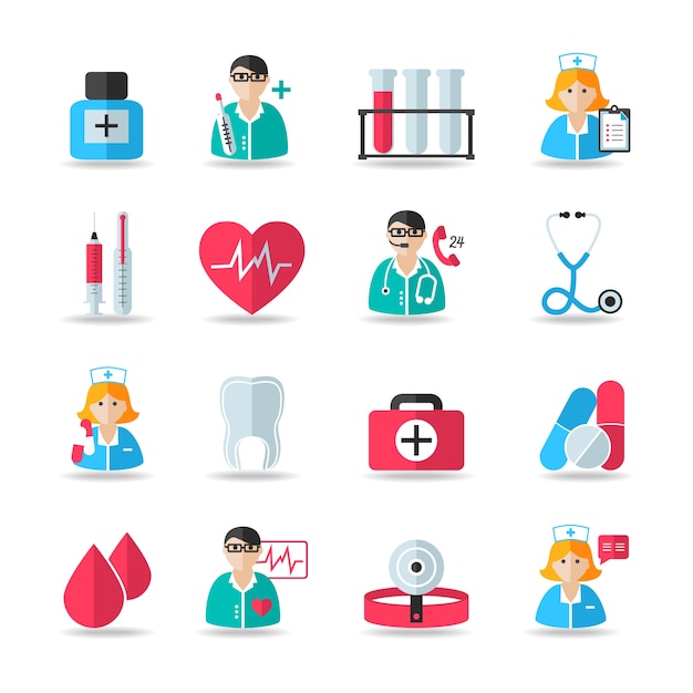Medizinische gesundheitswesen symbole satz von herz zahn pille spritze isoliert vektor-und doktor avatare illustration