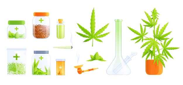 Medizinische Marihuana-Cannabis-Medikamente flach eingestellt mit isolierten Bildern von Reißverschlussgläsern und Pflanzenblättern, Vektorgrafik