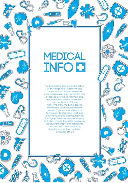 Kostenloser Vektor medizinische versorgungsschablone mit text im rahmen und blauen papiersymbolen und -elementen auf licht