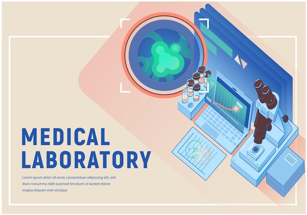 Medizinisches laborbanner mikroskope, laptop-reagenzgläser und verschiedene objekte im medizinischen laborkonzept