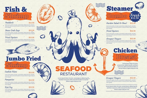 Meeresfrüchte restaurant menüvorlage