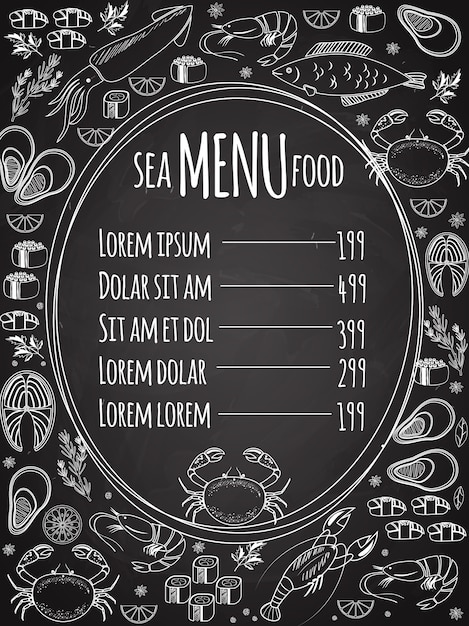Meeresfrüchte-Tafelmenü mit einem zentralen ovalen Rahmen mit einer Preisliste, umgeben von weißen Vektor-Strichzeichnungen von Fisch-Calamari-Hummerkrabben-Sushi-Garnelen-Garnelen-Muschel-Lachssteak und Kräutern