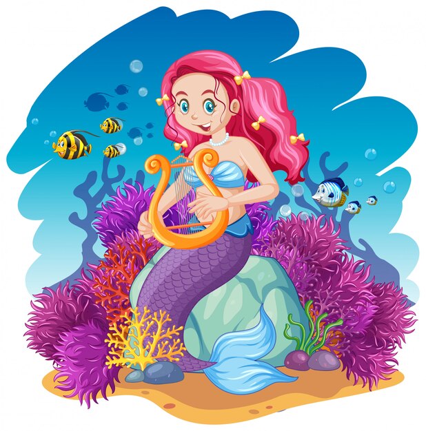 Meerjungfrau und Meerestierthema Karikaturstil auf unter Meer Hintergrund