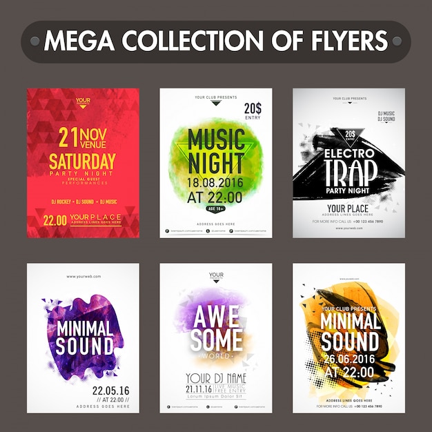 Kostenloser Vektor mega-sammlung von music party flyern, vorlagen oder einladungskarten präsentation mit abstrakten design