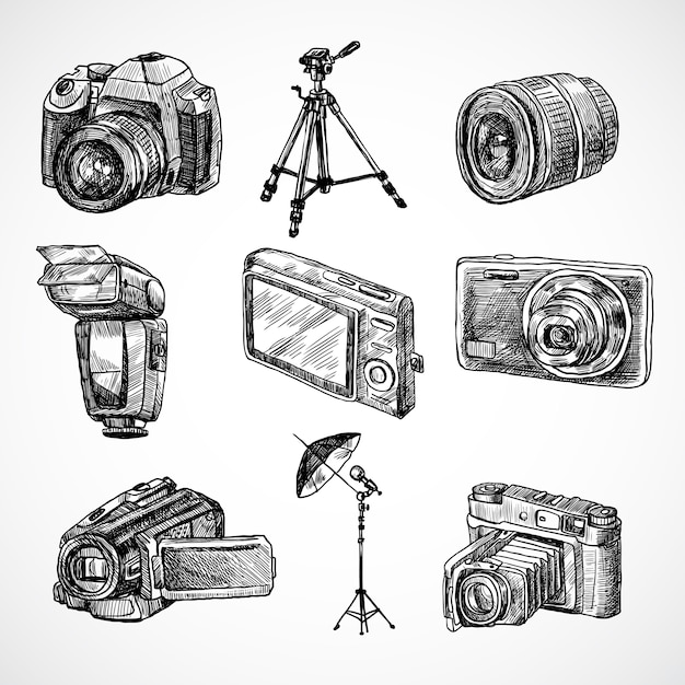 Kostenloser Vektor mehrere von handgezeichneten kameras