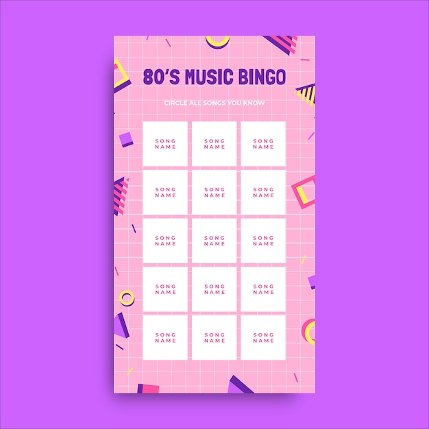 Kostenloser Vektor memphis pink 80er musik-bingo-instagram-geschichte