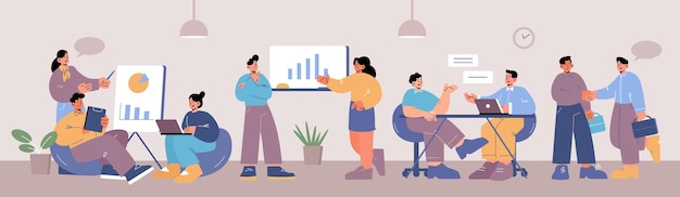 Menschen arbeiten im Großraumbüro. Vektorflache Illustration des Coworking-Arbeitsplatzinnenraums für Teamarbeit, Meetings und freiberufliche Arbeit. Frauen und Männer mit Laptops, Klemmbrettern und Präsentation im Büro