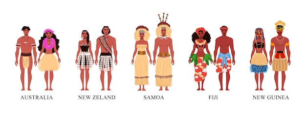 Kostenloser Vektor menschen aus ozeanischen ländern, die nationale kleidung tragen flache ikonen stellten lokalisiert auf weißer illustration ein
