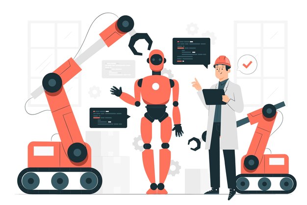 Menschen, die eine Roboterkonzeptillustration erstellen