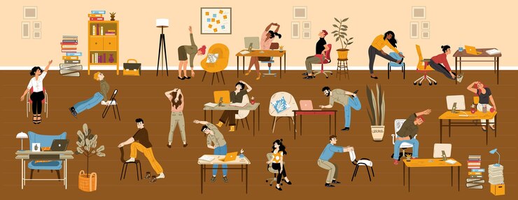 Menschen, die im Büro Dehnübungen machen