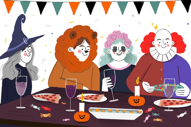 Menschen in kostümen beim halloween-dinner