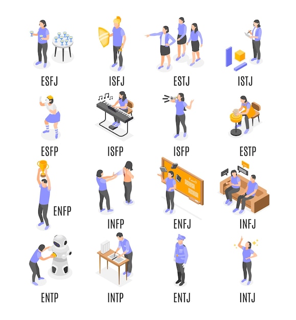 Kostenloser Vektor menschen mit verschiedenen mbti-persönlichkeitstypen setzen isometrische symbole isolierte vektorillustration