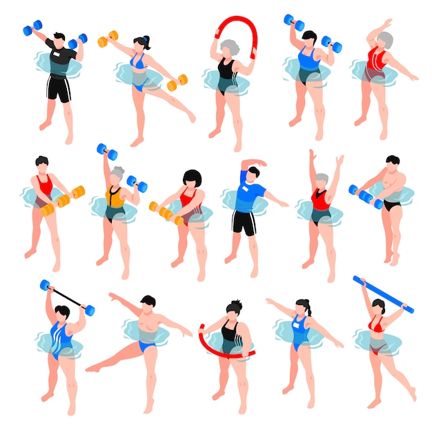 Kostenloser Vektor menschliche charaktere mit sportausrüstung während des aquaaerobic-klassensatzes der isometrischen ikonen lokalisierten illustration