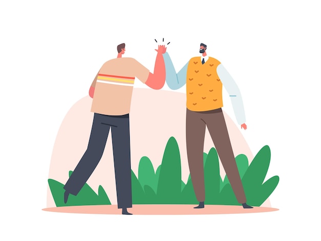 Menschliche grüße, bindungsbeziehungen, verbindung zwischen freunden oder freunden. paar männliche freunde charaktere nehmen einander high five als symbol für freundschaft und solidarität. cartoon-vektor-illustration