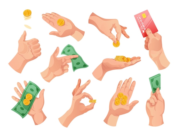 Menschliche hände, die geldbanknoten halten, münzen, bankkreditkartenfarbe auf weißem hintergrund, isolierte illustration