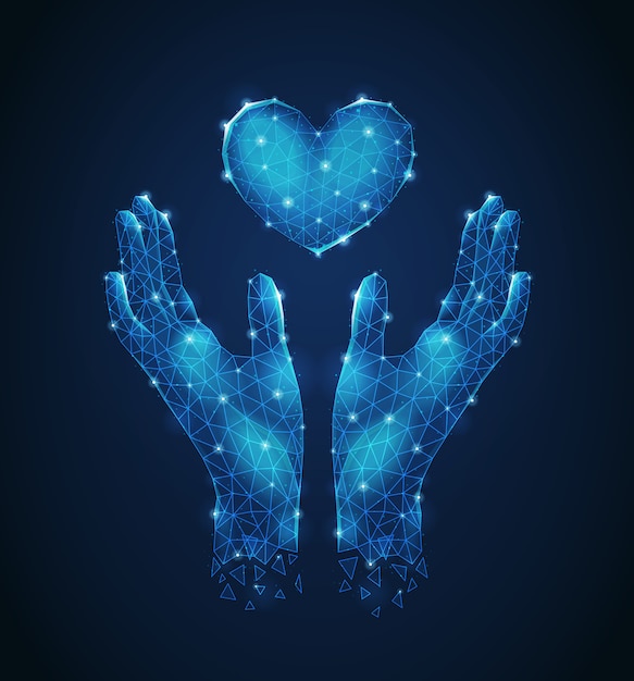 Menschliche Hände, die Herz lumineszierende polygonale Drahtgitter-futuristische Zusammensetzung abstrakte Vektorillustration schützen
