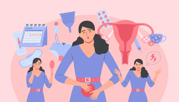 Menstruationsflache Zusammensetzung mit Junge Frau, die an Kopfschmerzen des prämenstruellen Syndroms leidet, und Wutvektorillustration