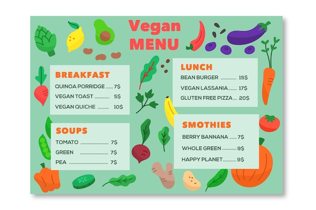 Kostenloser Vektor menüvorlage für gesunde lebensmittel