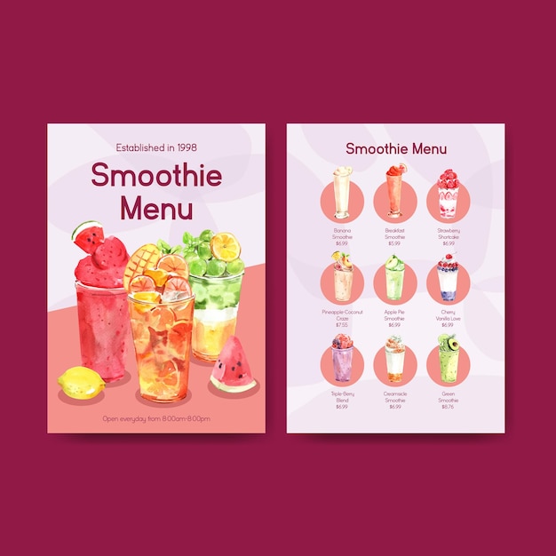 Menüvorlage mit frucht-smoothies-konzept