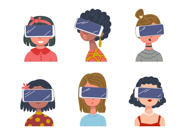 Metaverse eine reihe von avataren von charakteren in einer augmented-reality-brille mädchen in der online-welt der vr-maske Premium Vektoren