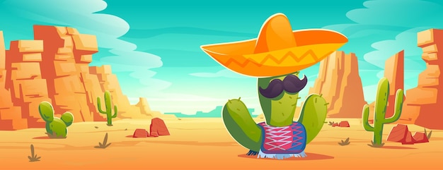 Mexikanischer Kaktus mit Schnurrbärten in Sombrero und Poncho in der Wüstenlandschaft. Viva Mexico oder Cinco de Mayo Party, traditioneller lateinischer Feiertag oder Fiesta-Feier-Symbol, Cartoon-Vektor-Illustration