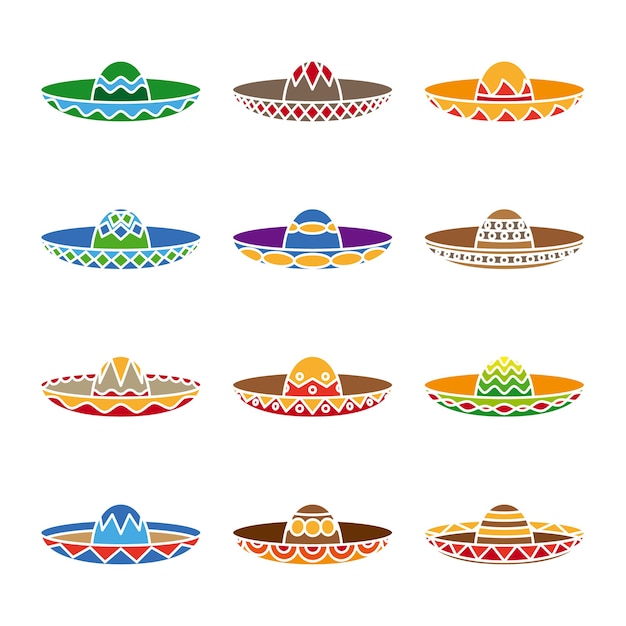 Mexikanischer sombrero farbflachsatz. fiestaparty, latino-symbol, traditioneller hut.