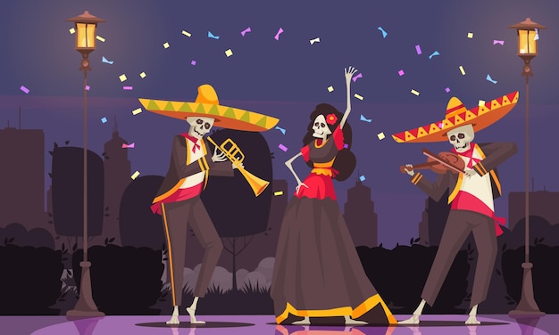Kostenloser Vektor mexiko-tag des toten hintergrundes mit flacher vektorillustration der gespenstischen festivalsymbole