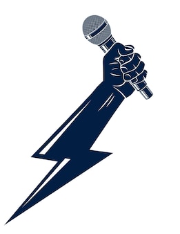 Mikrofon in der hand in form eines blitzes, rap-battle-reimmusik, karaoke-gesang oder standup-comedy, vektorlogo oder illustration, konzertfestival oder nachtclub-label, t-shirt-druck.