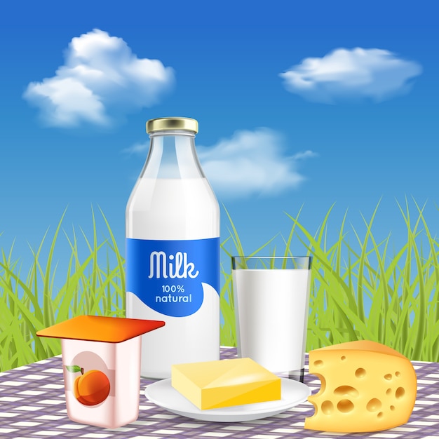 Kostenloser Vektor milch und natürliche milchprodukte beim picknick