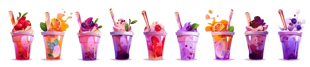 Kostenloser Vektor milchtee-bubble-drink-vektor-saftbecher-cartoon-illustration eis-boba-zucker-milchshake-dessert-clipart für taiwanesisches asiatisches menü köstlicher fruchtsüßer bubbletea mit strohhalm creme-tapioka im plastikset