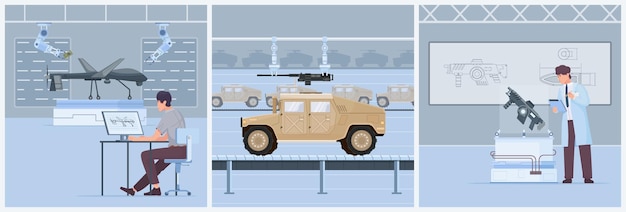 Kostenloser Vektor militärische produktion, drei quadratische illustrationen mit entwicklern spezieller kampftransporte unter verwendung neuer waffentypen, flache vektorillustration