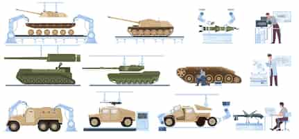 Kostenloser Vektor militärische produktion, flacher satz gepanzerter kampffahrzeuge, moderner panzerangriff, drohnenrakete, isolierte symbole, vektorillustration