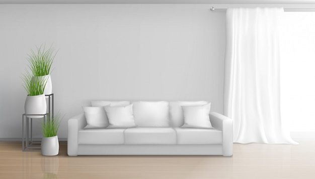 Minimalistischer, sonniger Innenraum des Hauptwohnzimmers in den weißen Farben mit Sofa auf Laminatboden, langer, schwerer Vorhang auf Fensterstange, keramische Blumentöpfe mit Grünpflanzeillustration