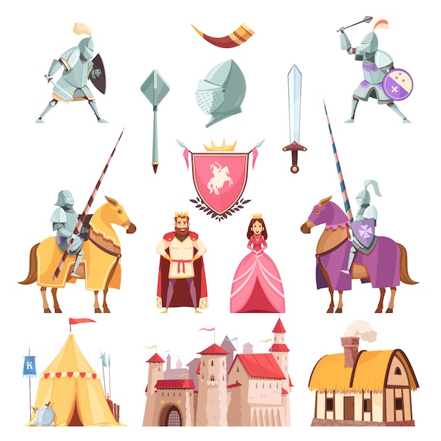Kostenloser Vektor mittelalterliches königliches wappenkunde-karikatur-set