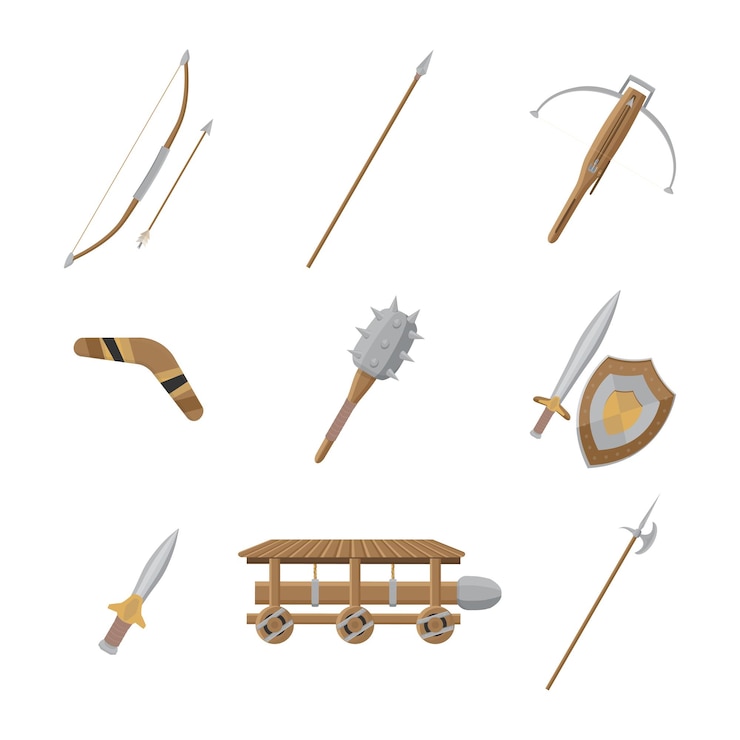 Kostenlose Vektor mittelalterliches waffenset bogen, speer und armbrust, antikes militärarsenal, bumerangkeule, schwert und schild, alte historische kriegerausrüstung, dolch, rammbock und axt