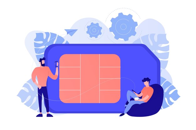 Mobile SIM-Telefonkarte und Benutzer mit Smartphones. Mobilfunknetz, Smartphone-Plastikkarte und Mikrochip, drahtloses Handy-Kommunikationskonzept. Vektor isolierte Illustration.