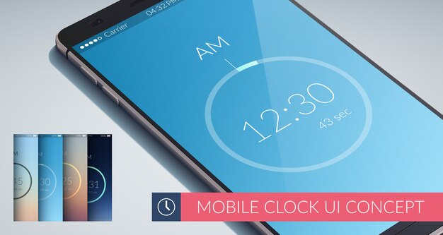 Mobile Uhr ui Designkonzept mit vier bunten flachen Illustration