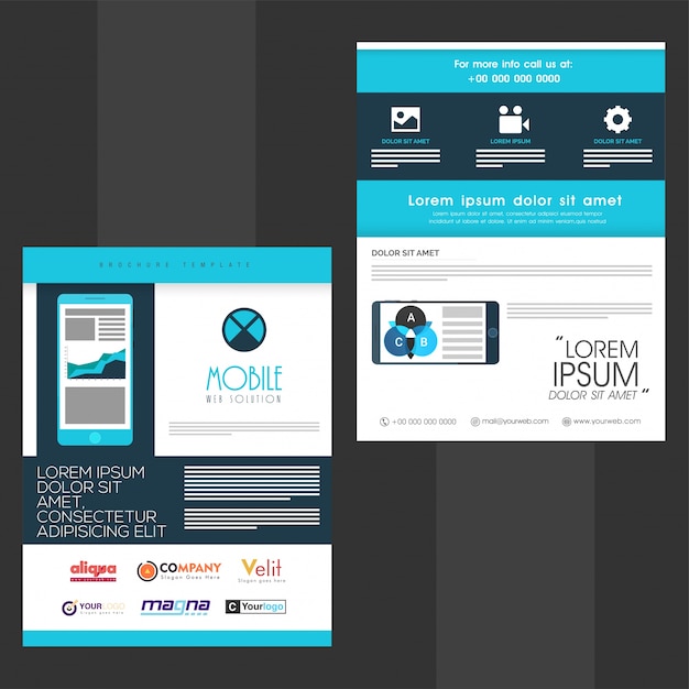 Kostenloser Vektor mobile web-lösung broschüre, template-design mit smartphones mit infografischen elementen und web-symbole, business-konzept.