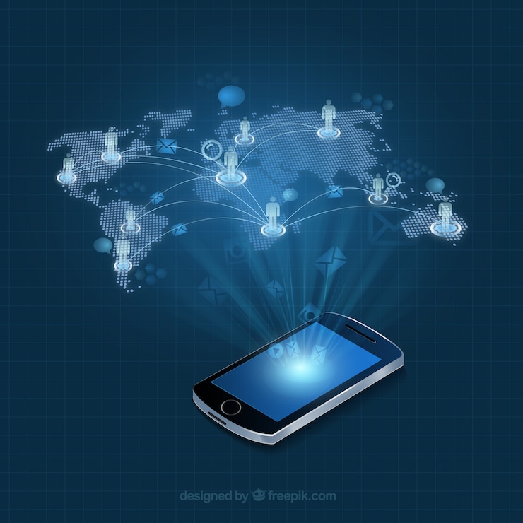 Kostenlose Vektor mobiltelefon mit einer weltkarte infografik