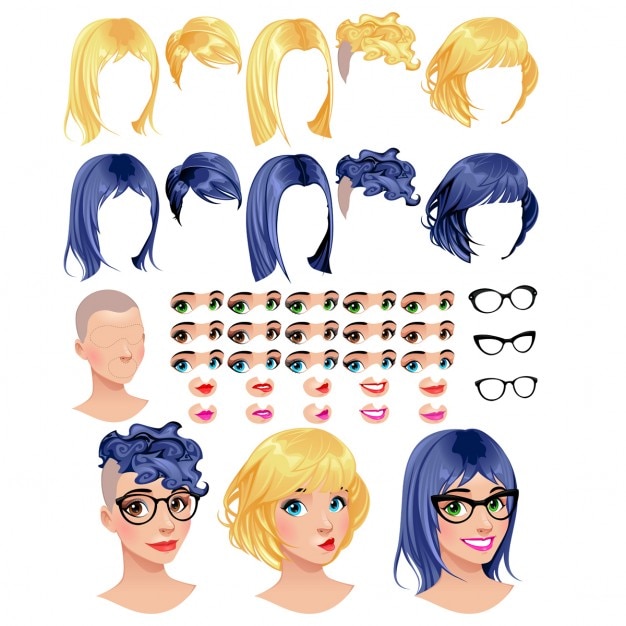 Mode weibliche avatare 5 frisuren in 2 farben 5 augen in 3 farben 5 münder in 2 farben 3 gläser 1 kopf für mehrere kombinationen einige vorschaubilder auf der unterseite vector-datei isoliert objekte