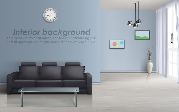 Kostenloser Vektor modell 3d des leeren wohnzimmers mit schwarzem sofa, glastisch, fenster mit vorhängen